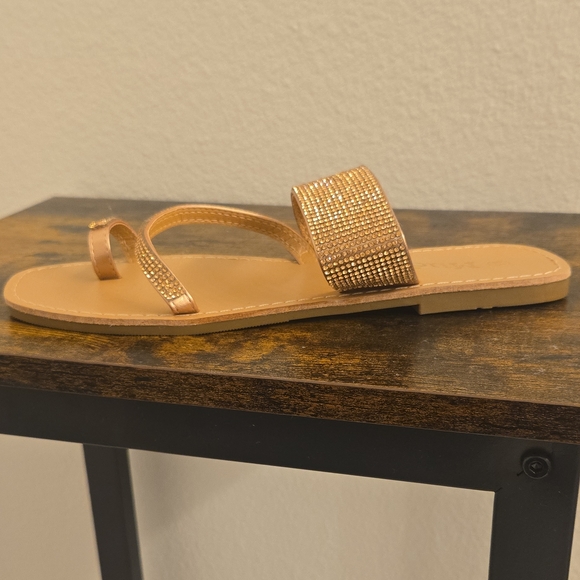 Elegant Gold & Tan Sandals with Rhinestone Straps - Picture 4 of 7